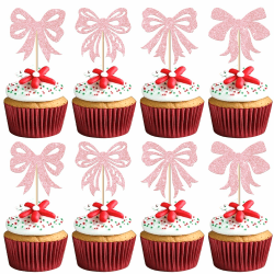 🎀 24 Stück Schleifenknoten Tortendeko Fliege Kuchen Deko Schleife Cupcake Toppers für Hochzeit Braut Dusche Mädchen Geburtstag Party Kuchen Dekorationen Hellrosa Color 3
