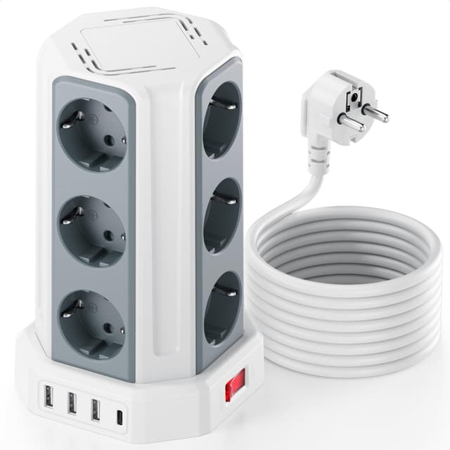 Vertikale Steckdosenleiste mit 12 Steckdosen und 4 USB 🌟 5M Weiß