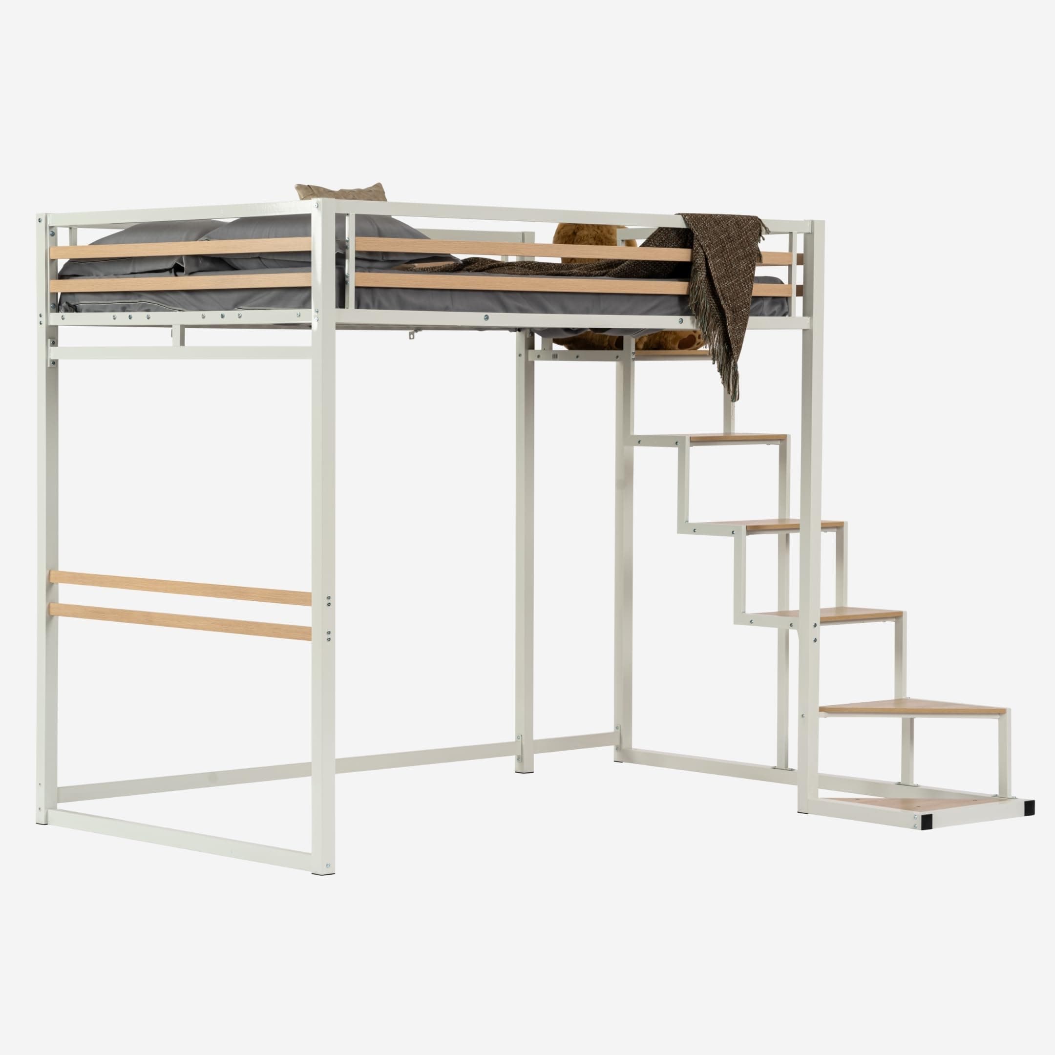 MEUBLE COSY Hochbett 140x200cm Bettrahmen Etagenbett mit Lattenroste aus Holz und Metall, Industriell, Weiß+Buchenholz 🛏️🏗️