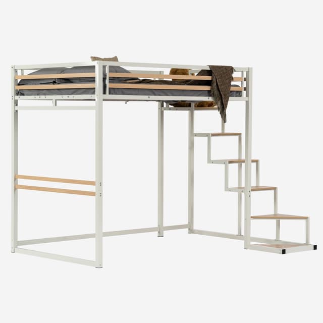 MEUBLE COSY Hochbett 140x200cm Bettrahmen Etagenbett mit Lattenroste aus Holz und Metall, Industriell, Weiß+Buchenholz 🛏️🏗️