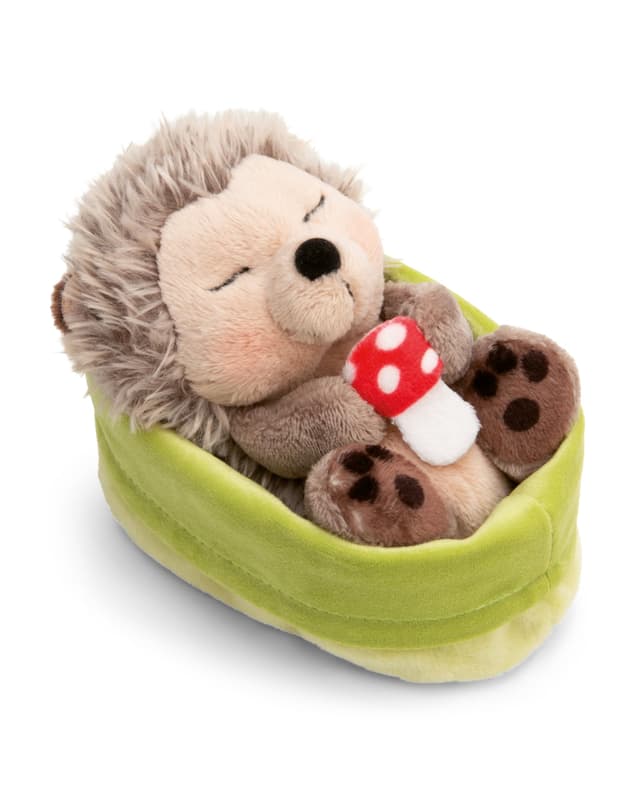 🦔 NICI Kuscheltier Igel mit Fliegenpilz schlafend im Körbchen 🍄 - braun - Stofftier aus weichem Plüsch