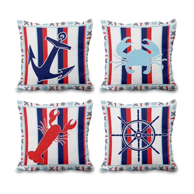Aoihrraan 51x51cm 4er Set Dekorativ Küstenthemen Kissenbezug 🌊🦑🦀 Rot Und Blau Zierkissenbezug Quadratische Couchkissen Dekokissen