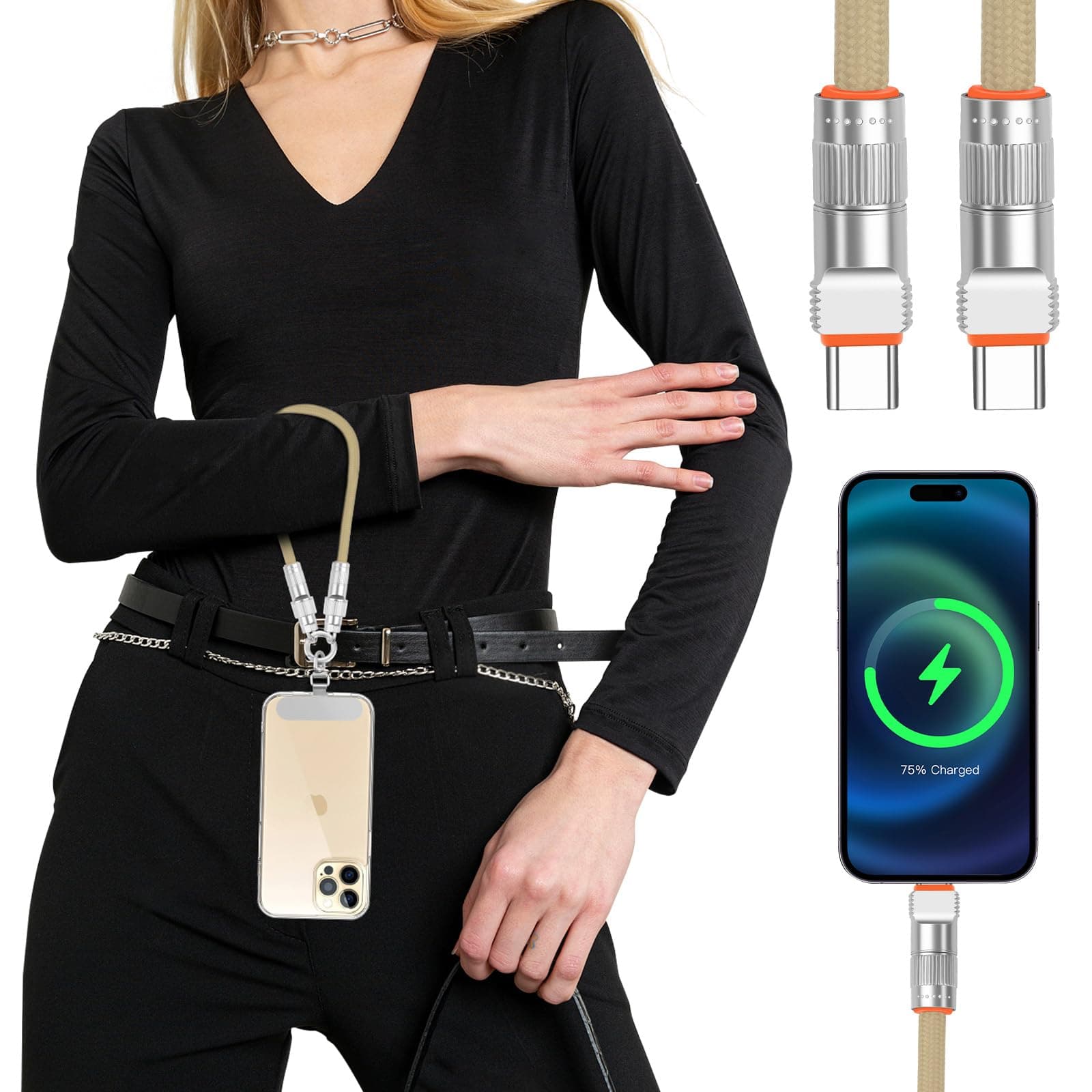 📱🔌 POFIBO Handykette Universal für alle Smartphones - 2-in-1 Handyband mit 66W Type-C-Schnelladekabel