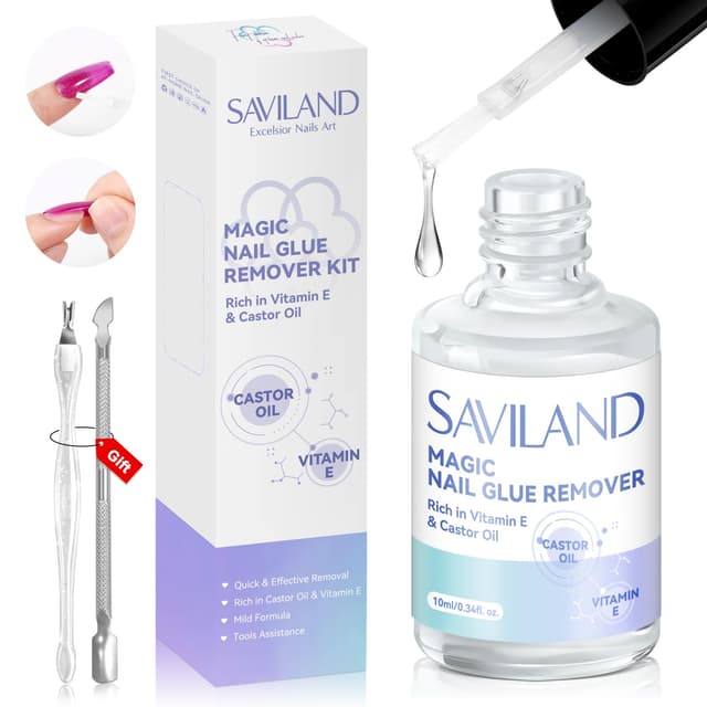Saviland Nagelkleberentferner-Set 🌟 Rizinusöl & Vitamin E 🌟 Nagelhautschieber & Nagelgabel