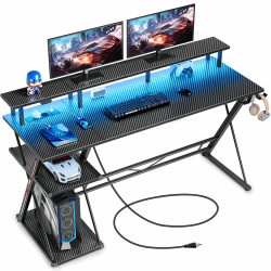 SEVEN WARRIOR Gaming Tisch mit LED & Steckdosen, 120 cm Computertisch mit Monitorständer & CPU Ständer