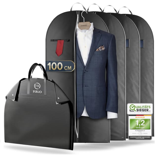 👔 FiRiO® 4 x Premium Kleidersack - BIS 50% DICKERES MATERIAL - Faltbare Kleidersack Reisetasche - Business Anzugtasche - Atmungsaktive Kleiderhülle für Reise & Aufbewahrung - Kleidersäcke 100x60cm 100x60cm - 4 Stück - Schwarz Schwarz