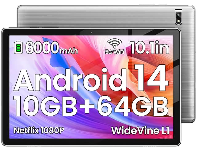 Tablet: Android Tablet - 2025 Android 14 Tablet Neueste 10,1 Zoll Tablets10GB + 64 GB +1TB Erweiterung,Widevine L1, 2.4G + 5G Wi-Fi 6, 2MP + 8MP, Bluetooth5.0, 1280 * 800 FHD IPS-Grau 10.1Zoll 🚀