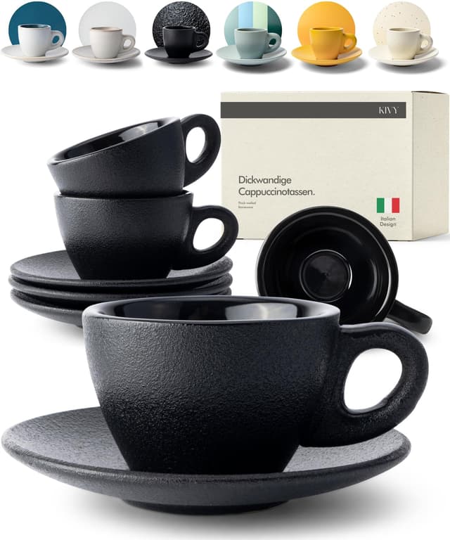 KIVY Cappuccino Tassen Set [4x 240ml] - 🌟 Barista Qualität 🌟 - Handgefertigte Cappuccino Tassen aus Steingut