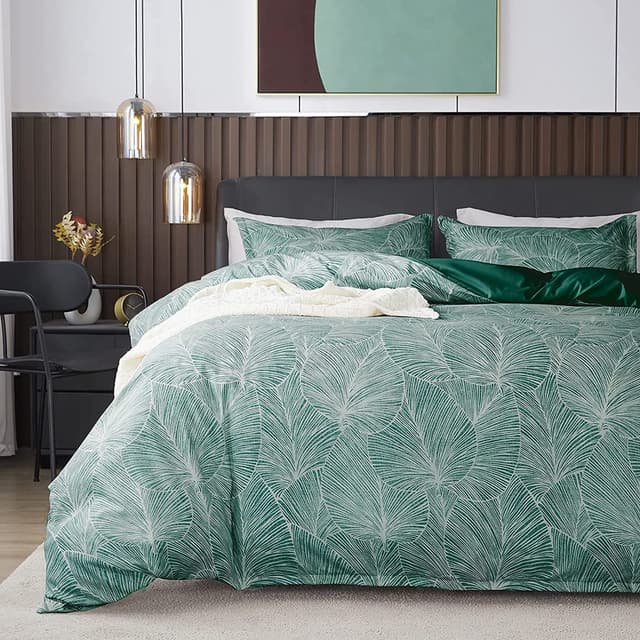 Nayoroom Bettwäsche 200x220 Grün Dunkelgrün Blätter Muster Bettbezug Microfaser Tropisch Palmenblätter Wendebettwäsche Set mit Reißverschluss
