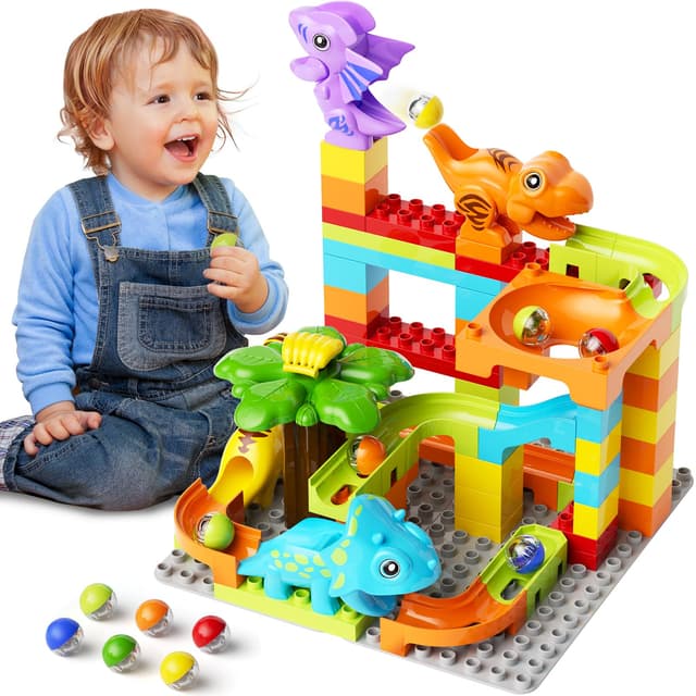 burgkidz Murmelbahn Bauklötze Dinosaurier Set - 78-teiliges Interaktive Kugelbahnen Labyrinth Spiel