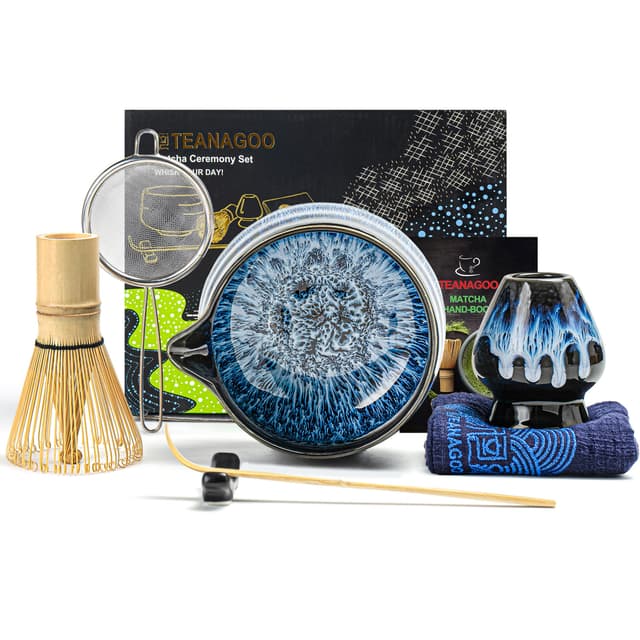 TEANAGOO Matcha Set, Matcha Besen, Matcha Schale mit Ausgießer (Chawan) - 7-teiliges Matcha-Schneebesen-Set blau
