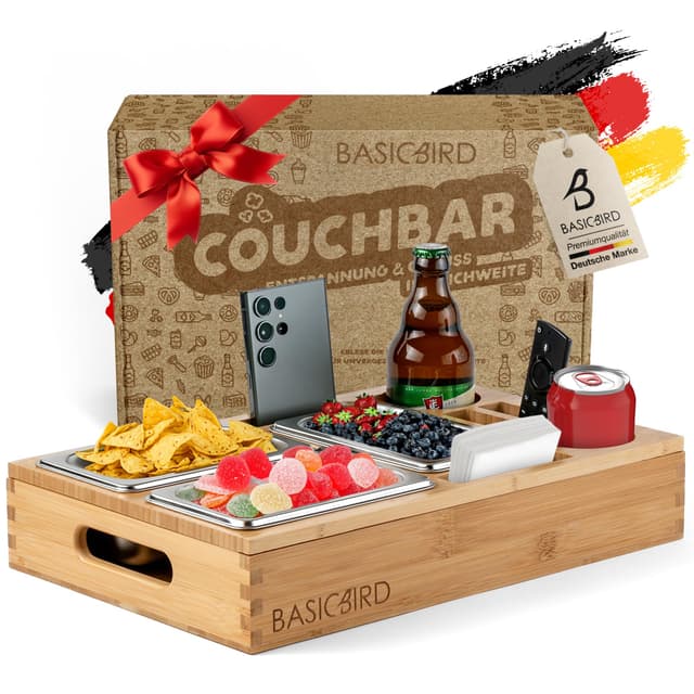 🛋️🍿 BASICBIRD® Couchbar Snackbox - Organizer Tablett mit Getränkehalter