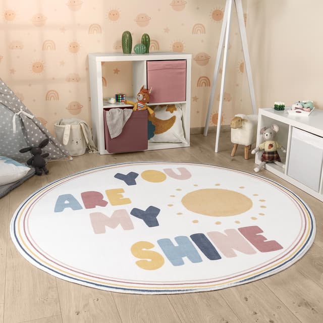 🌞🌈🌺 Paco Home Kinderteppich Teppich Kinderzimmer Rund Spielmatte Babymatte Waschbar Bis 30 Grad Sonne Regenbogen Schriftzug Motiv, Grösse:160 cm Rund, Farbe:Bunt 160 cm (Rund) Bunt - Angebot