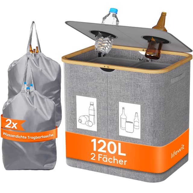 🌿🌍 Lifewit 120L Pfandflaschen Sammelbehälter mit Deckel - Grau 120L