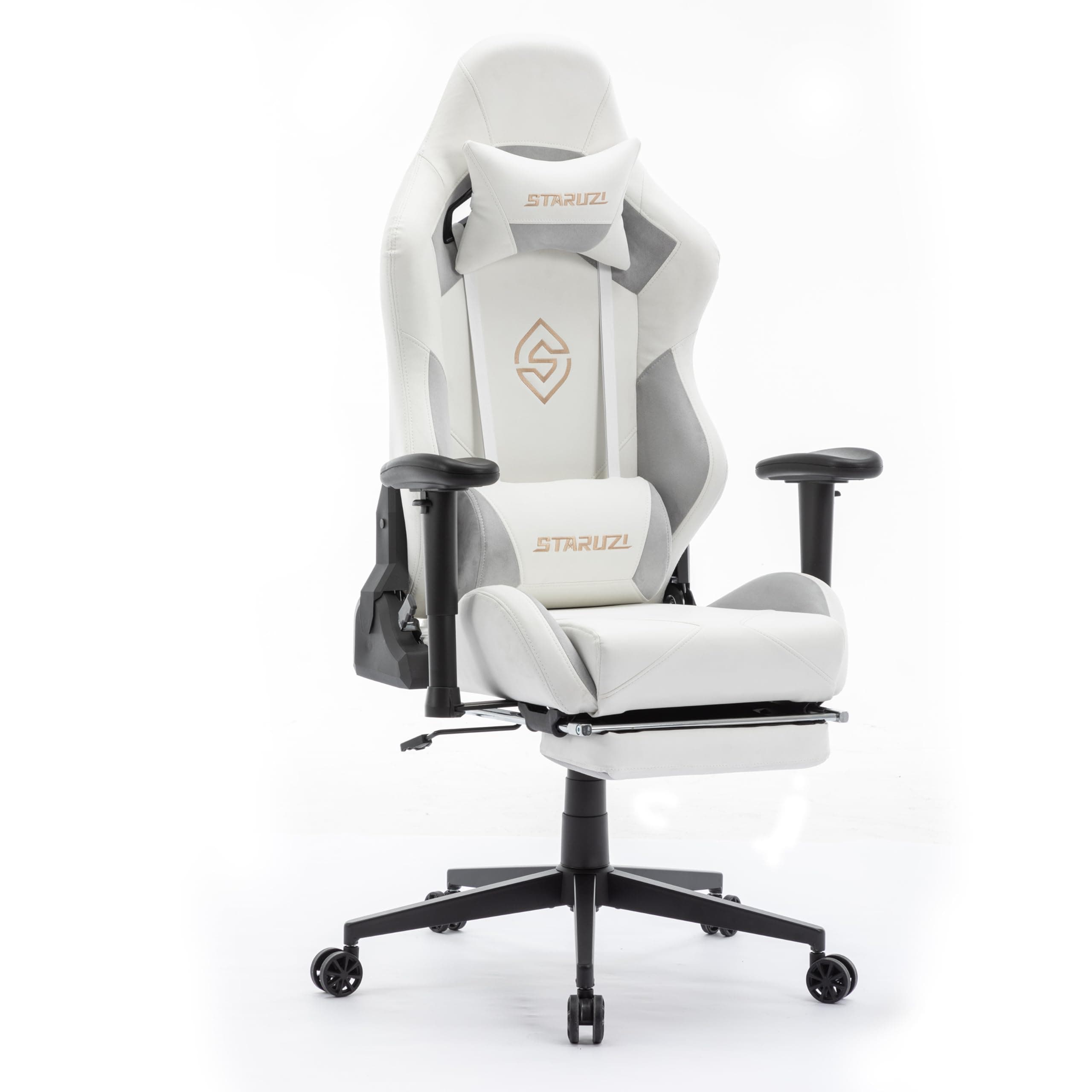STARUZI Gaming Stuhl Weiß Leder | Mikrofaser-Leder Gaming Chair mit Fußstütze 🎮🪑