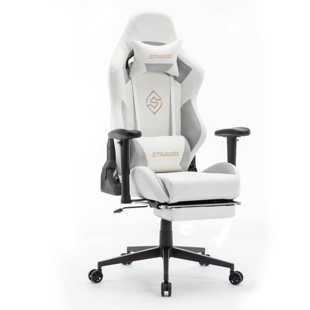 STARUZI Gaming Stuhl Weiß Leder | Mikrofaser-Leder Gaming Chair mit Fußstütze 🎮🪑