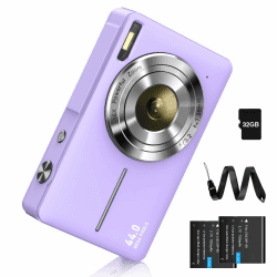 Digitalkamera 44MP Fotokamera FHD 1080P Fotoapparat mit 32G Karte 16X Digitalzoom Digital Kamera mit Batterie Tragbare Einfache Digitalkamera für Kinder Student Teenager Anfänger Senioren (Lila) Lila-2Akkus 📸🌟