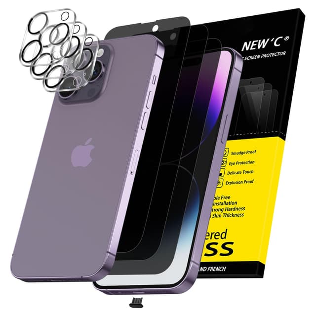 📱🔒 NEW'C 3 x Sichtschutz für iPhone 14 Pro - Panzerglas und Kameraschutzglas -28° Sichtwinkel - kratzfest 6,1 Zoll Schwarz