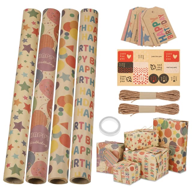 🎁 JIANTA 4 Rolle Geschenkpapier Geburtstag Set - Perfektes Geschenkpapier für alle Anlässe! 🎉