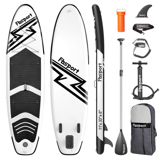 🏄‍♂️ FBSPORT Aufblasbares SUP Board | Stand Up Paddling Board | Aufblasbare Stand Up Paddle Board für Stand-Up Paddling 15CM Dick | Surfbrett Kit mit Verstellbares Aluminium SUP Paddel+Pumpe BlackWhite
