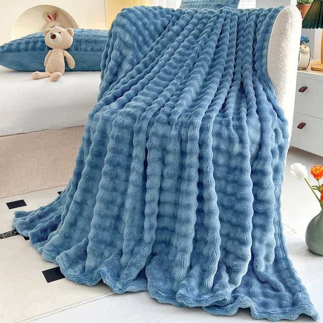 WONGS BEDDING Kuscheldecke Flauschig - Bubble Decke, Wolldecke & Fleecedecke, Sofadecke, Tagesdecke, Decken Weiche Warme für Zimmer Deko, Wohn- & Kuscheldecken, Tagesdecke, Blau, 200x220 cm