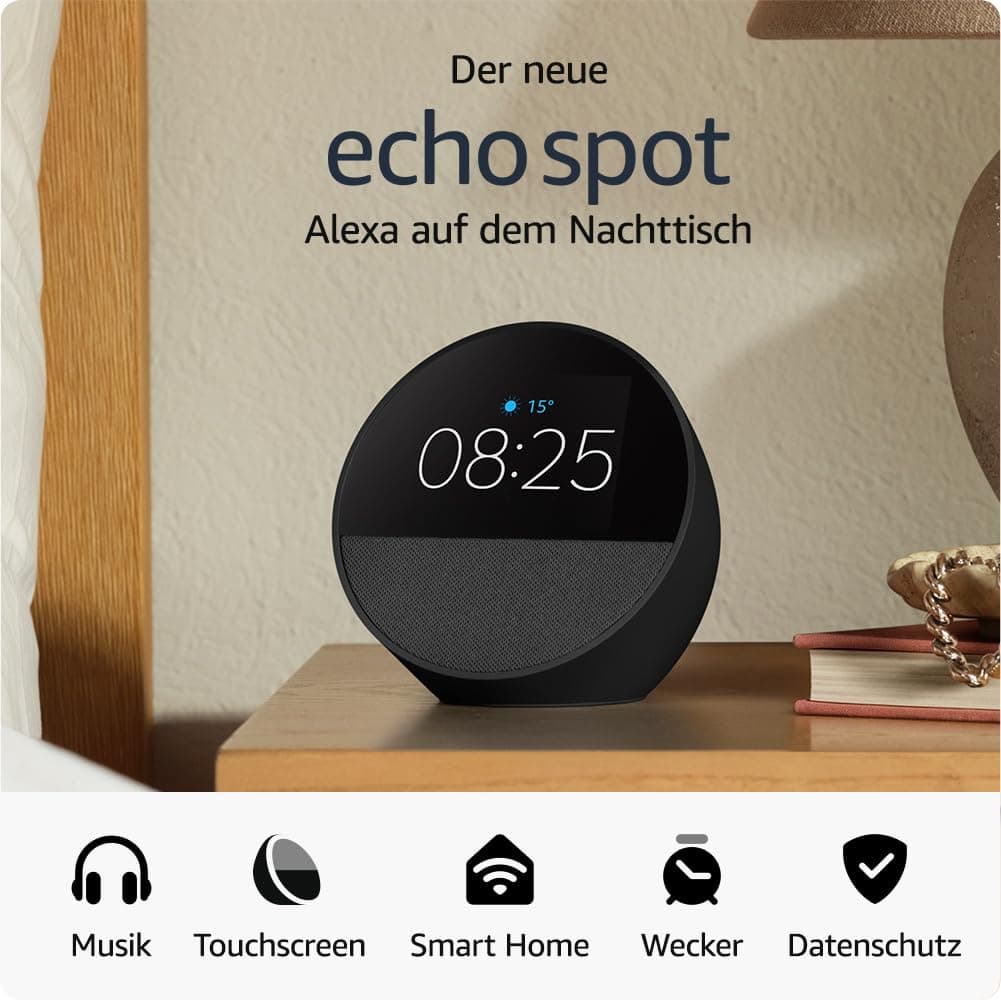 Zertifiziert und generalüberholt Amazon Echo Spot (2024) ⏰🎶🏡