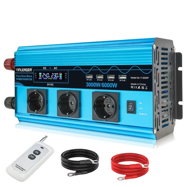 Yinleader Wechselrichter 3000W Reiner Sinus-Spannungswandler 24V 230V mit LCD 🌟 | 3 Steckdosen und 4 USB kabellose Fernbedienung /6000W