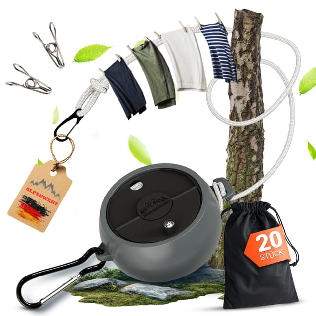ALPENWERT® ROBUSTE Wäscheleine ausziehbar [10m Reise- & Camping Wäscheleine] inkl. 20 Edelstahl Klammern