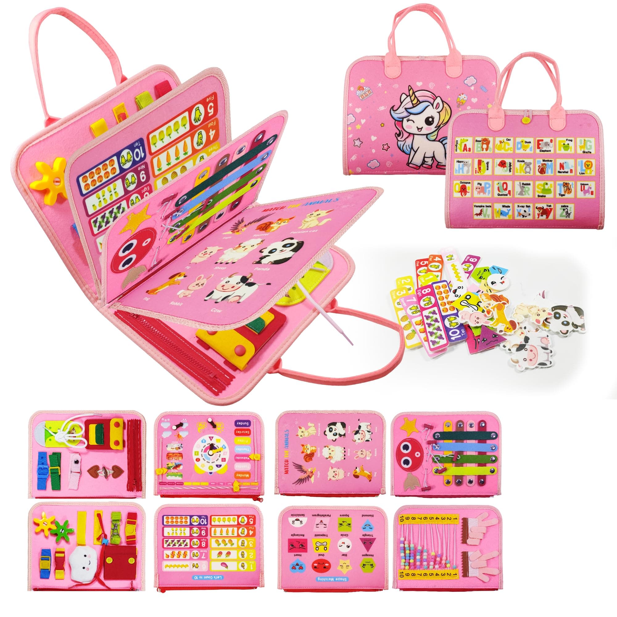 🦄 LerneSpielspielzeug Montessori Busy Board für Mädchen 1–4 Jahre - Rosa Einhorn 🌈