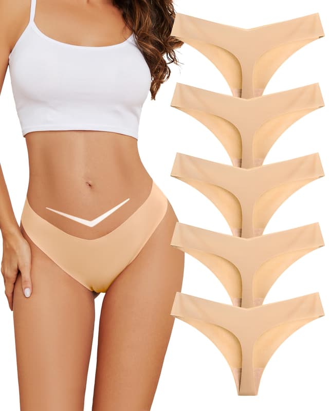 VOENXE String Tanga Damen Nahtlos, Niedrige Taille Slip Unterwäsche, Frauen Ohne Naht Unterhosen, Sexy Sport Unsichtbar Panty Mehrpack, Microfaser Atmungsaktiv Women Seamless Thong Underwear, 5er-Pack M Hautfarben 🩲🌟