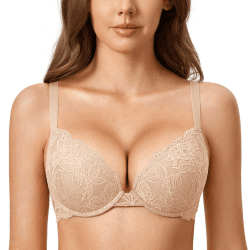 🌟 DOBREVA Damen Push Up BH Mit Spitze Gepolstert Plunge Bügel Vollschalen BHS 85B Beige