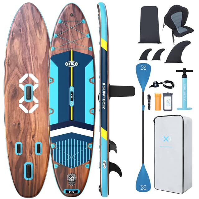 🌊🏄‍♂️ ZLX 350cm Extra Groß Stand Up Paddle Board mit Sitz 🌟 Große Tragfähigkeit 550LB Inflatable SUP Board für Erwachsene 🌈 Anfängerfreundlich Stabiles Anti-Rutsch-Deck, Pumpe, SUP Paddle Holzmaserung Blau