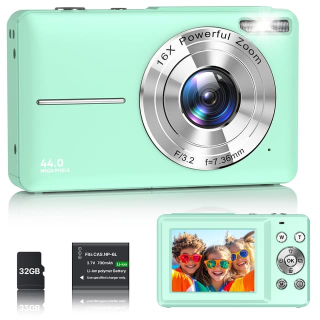 Digitalkamera 1080P Fotokamera 44MP Kamera Fotoapparat Tragbare Kompaktkamera mit 2,4" LCD Bildschirm - Grün