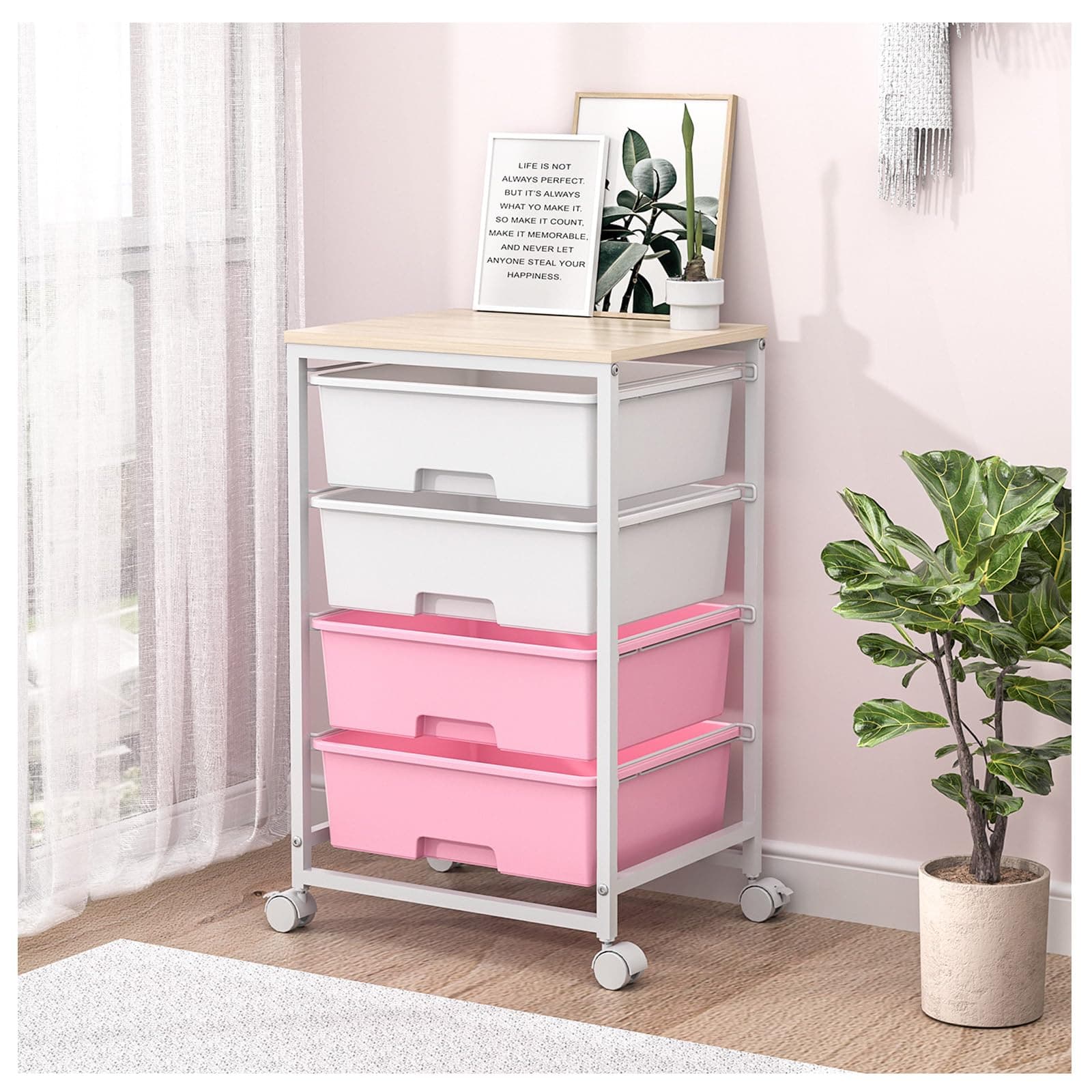 🌸 SYKIARIOL 4 Schubladen Rollwagen in Rosa 🌸