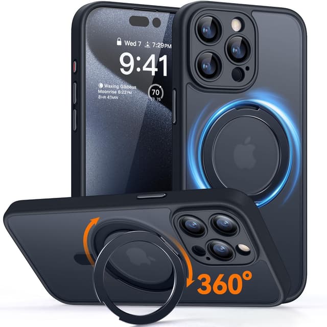 CANSHN 360° Ständer für iPhone 15 Pro Max Hülle mit Kameraschutz für Magsafe (Magnetischer Robust Standring), Matt Schwarz iPhone 15 Pro Max Z- Schwarz 📱🔒
