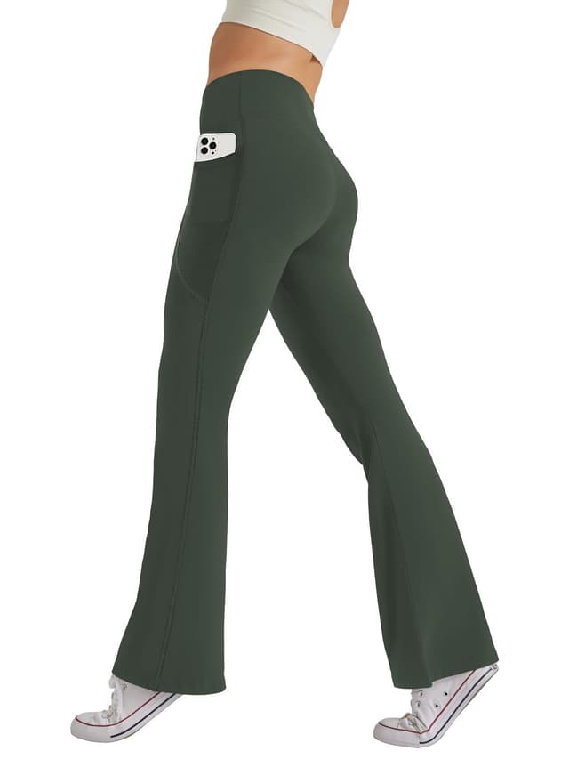 Glacspyg Damen Hose mit Taschen Yogahose Freizeit Jogginghose High Waist Sporthose Elastische Weite Bootcut Jazzpants S Olivgrün 🌟👖