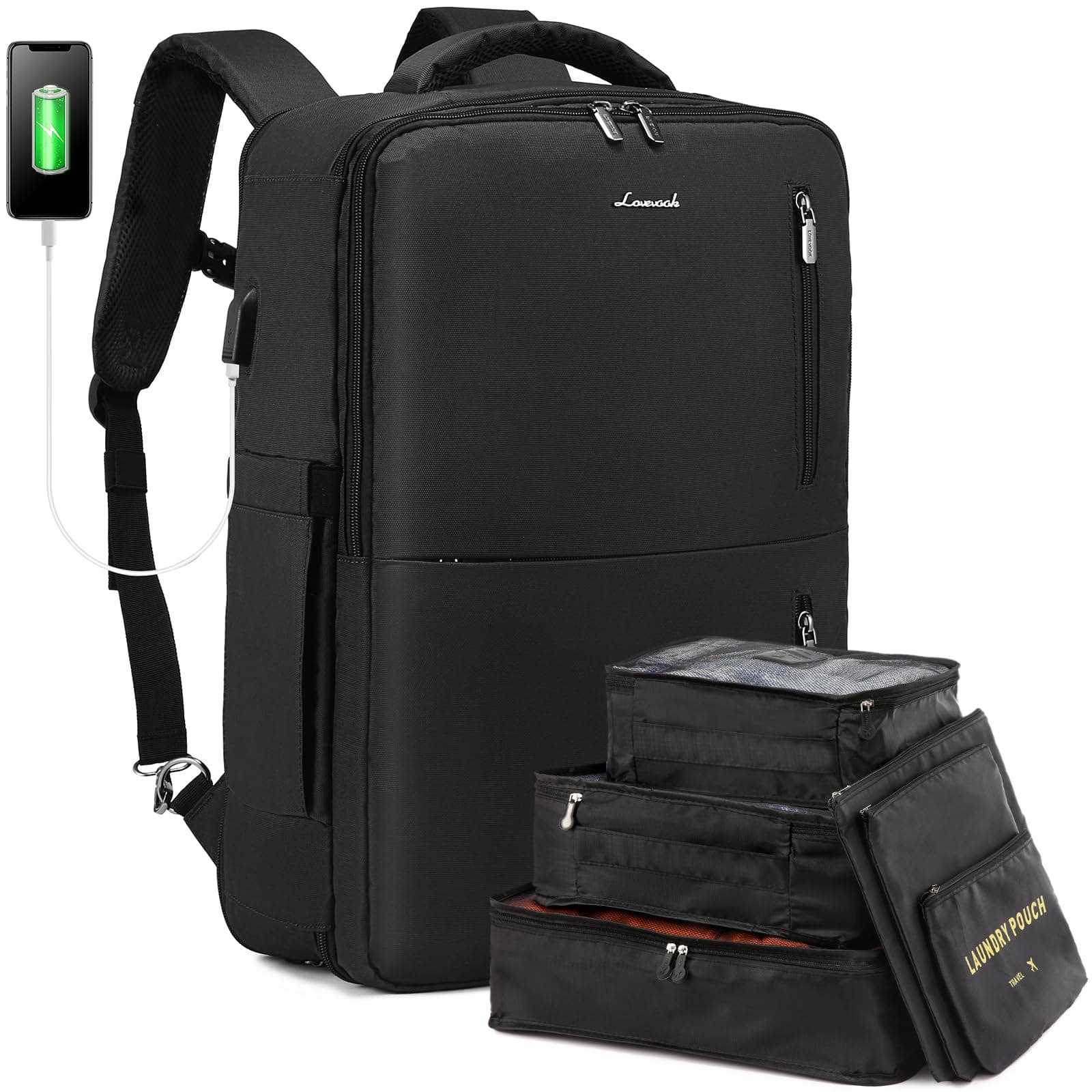 LOVEVOOK Handgepäck Rucksack Flugzeug, Rucksack Herren Damen mit Schuhfach, Erweiterbarer Business Reiserucksack 30-40l 17 Zoll Travel Backpack Handgepäck für Reise Arbeit Ferien, Schwarz Schwarz 17,3 Zoll 🎒✈️