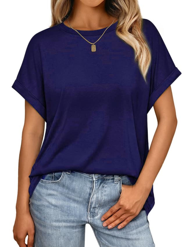 🌟 Cuptacc Tshirt Damen Rundhalsausschnitt Kurzarm Oversize T Shirt Sommer Casual Flügelärmel Top Damen Locker Dunkelblau XXL 🌟
