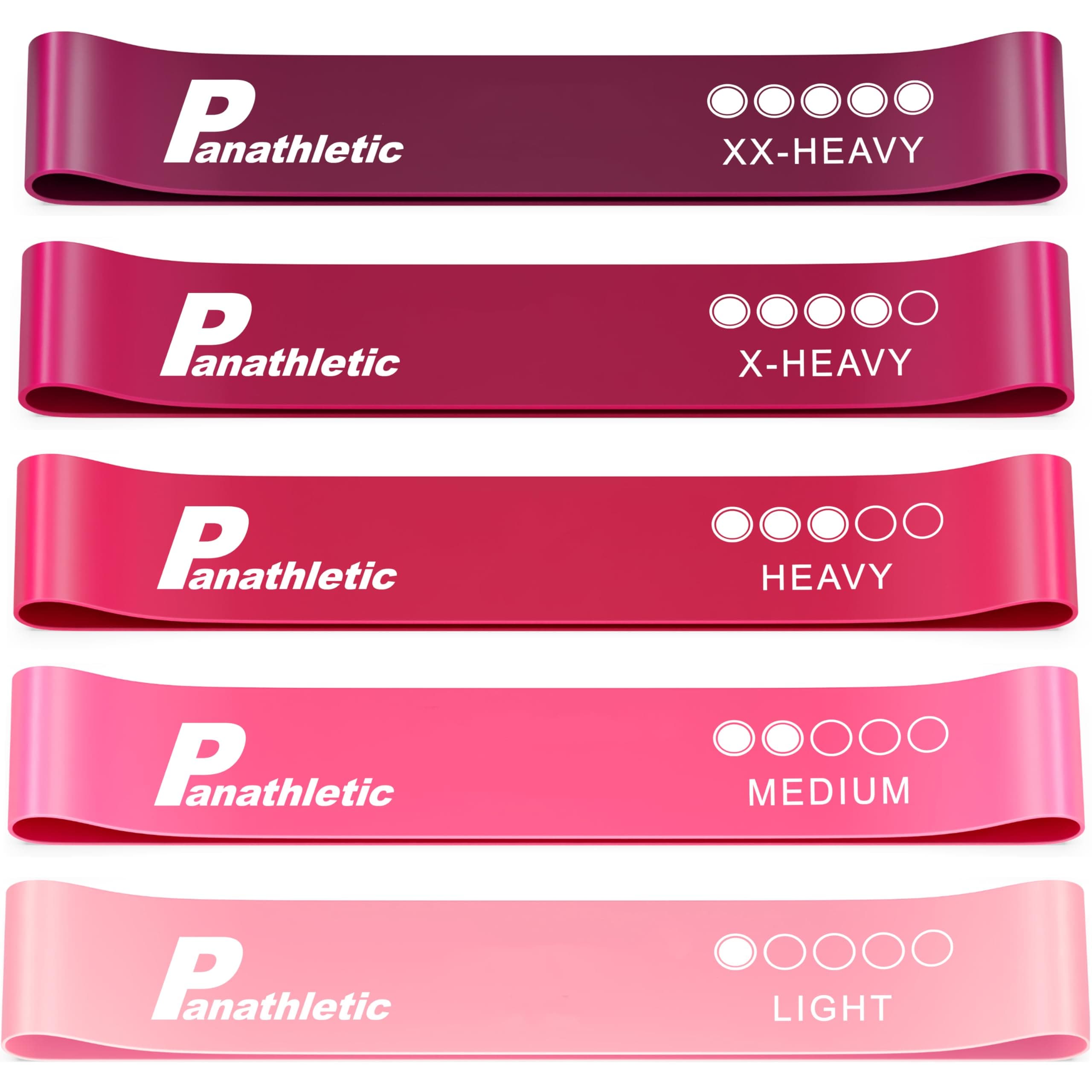 🏋️‍♀️ Panathletic Fitnessbänder, 5er Set – 5 Verschiedene Stärken, Übungsanleitung, eBook auf Deutsch, Tragebeutel – 5X Fitnessband, Gymnastikband, Widerstandsband Rosa