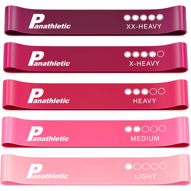 🏋️‍♀️ Panathletic Fitnessbänder, 5er Set – 5 Verschiedene Stärken, Übungsanleitung, eBook auf Deutsch, Tragebeutel – 5X Fitnessband, Gymnastikband, Widerstandsband Rosa