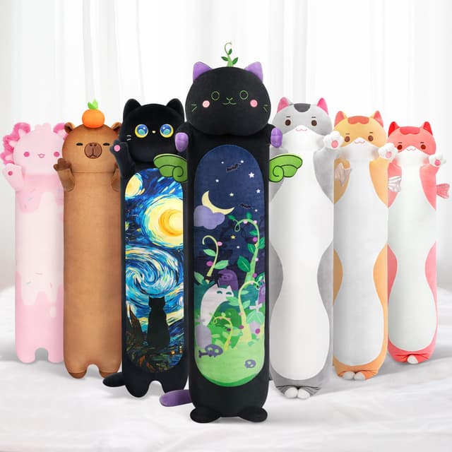 🐱 Mewaii 130CM Plüschtier Stofftiere für Kinder Kuscheltier Farbe Minze Katze Langes Wurfkissen Kawaii Katzen Plüsch Kissen Plüschtier Ausgestopftes Spielzeug Stofftiere Geschenk über 3 Jahren Schwarze Minze Katze 130 CM