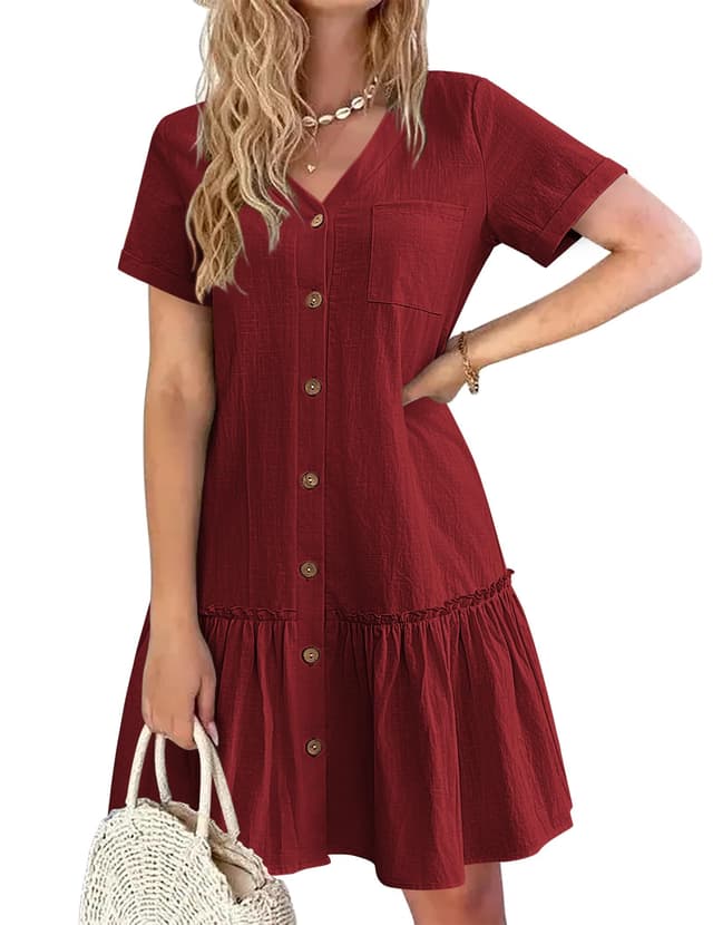 🌞👗 Hotouch Sommerkleid Damen Button Down Leinenkleid Strandkleid Casual V-Ausschnitt Minikleid Kurzarm A-Linie Kleid Rüschenumschlag Kleider Rotwein XL
