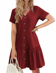 🌞👗 Hotouch Sommerkleid Damen Button Down Leinenkleid Strandkleid Casual V-Ausschnitt Minikleid Kurzarm A-Linie Kleid Rüschenumschlag Kleider Rotwein XL