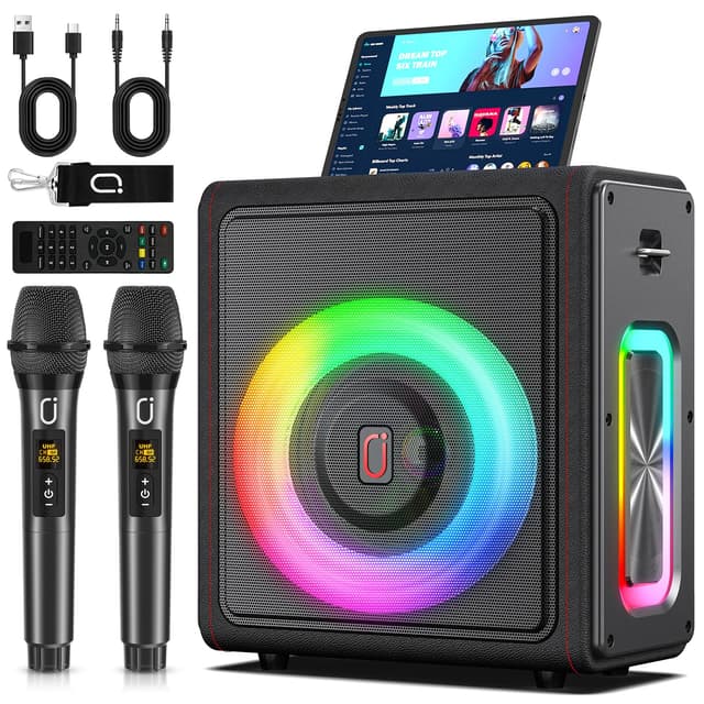 🎤🔊 HWWR Karaoke Maschine mit 2 drahtlosen Mikrofonen - Tragbare Bluetooth 5.3 Anlage mit RGB-Licht und TWS Schwarz
