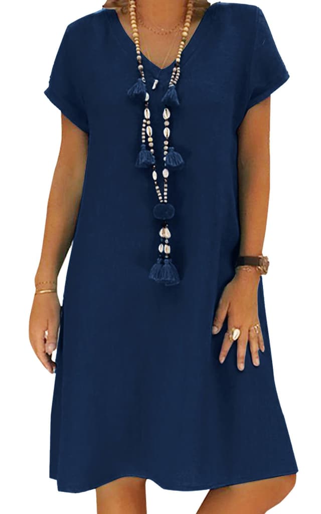 Sommerkleid Damen Leinen Kleider Casual V-Ausschnitt Midikleid Kurzarm A-Linie Kleid Strandkleid XXL A Marine 👗🌞