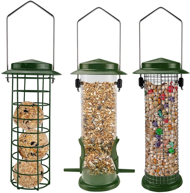 Urban Deco 3er Set Vogelfutterspender 🐦🌻 Robust Metall Vogelfutterhaus - 3er Pack (Grün)