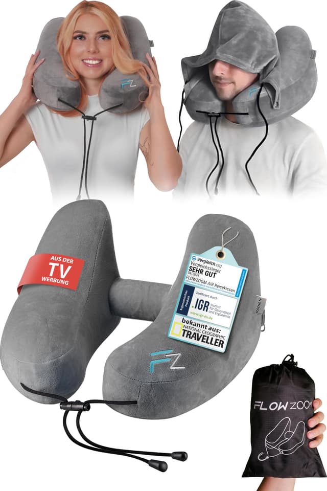 🚀 DEAL: FLOWZOOM Nackenkissen Flugzeug Reisekissen Aufblasbar H-Design 5 Schlafpositionen Kapuze Grau - Größe L