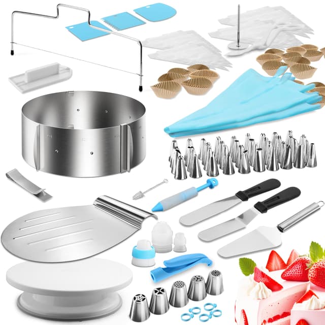 🎂🍰 4smile Torten-Zubehör-Set 144 Teile - Tortenring verstellbar hoch 8,5 cm + Tortenschneider + Tortenheber + Streichwerkzeug + Tortenplatte drehbar + XXL Torten-Deko Set Tortenring 8.5cm 144 Teile - Set Edelstahl