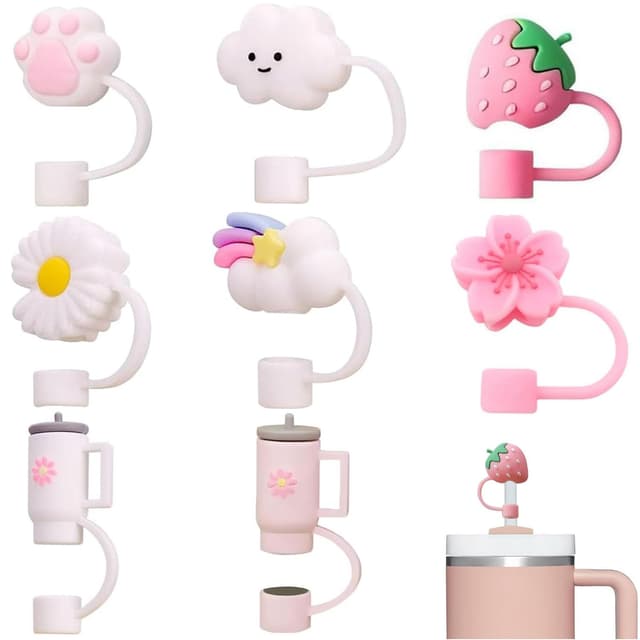 8 Stück Strohhalm Zubehör für Stanley Cup - Silikonmaterial Strohhalme Abdeckung 🌸🐱🍓