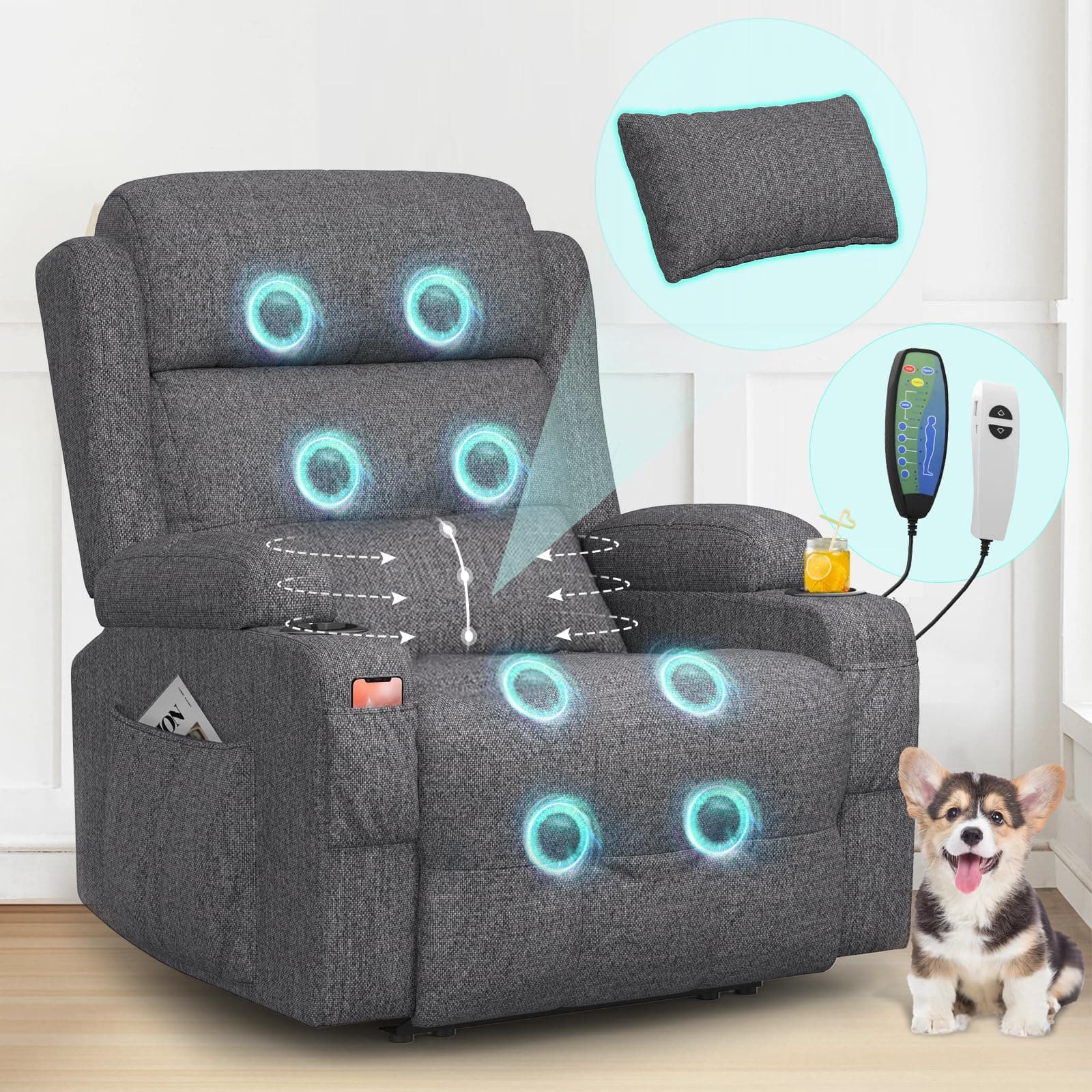 SQUEBILIFE Relaxsessel Fernsehsessel Elektrisch Verstellbar Massagesessel mit Wärmefunktion Liegefunktion Fußteil, 2 Seitentaschen Getränkehalter, TYP C & USB-Anschlüsse, TV Sessel für Wohnzimmer Modisches Dunkelgrau 🌟
